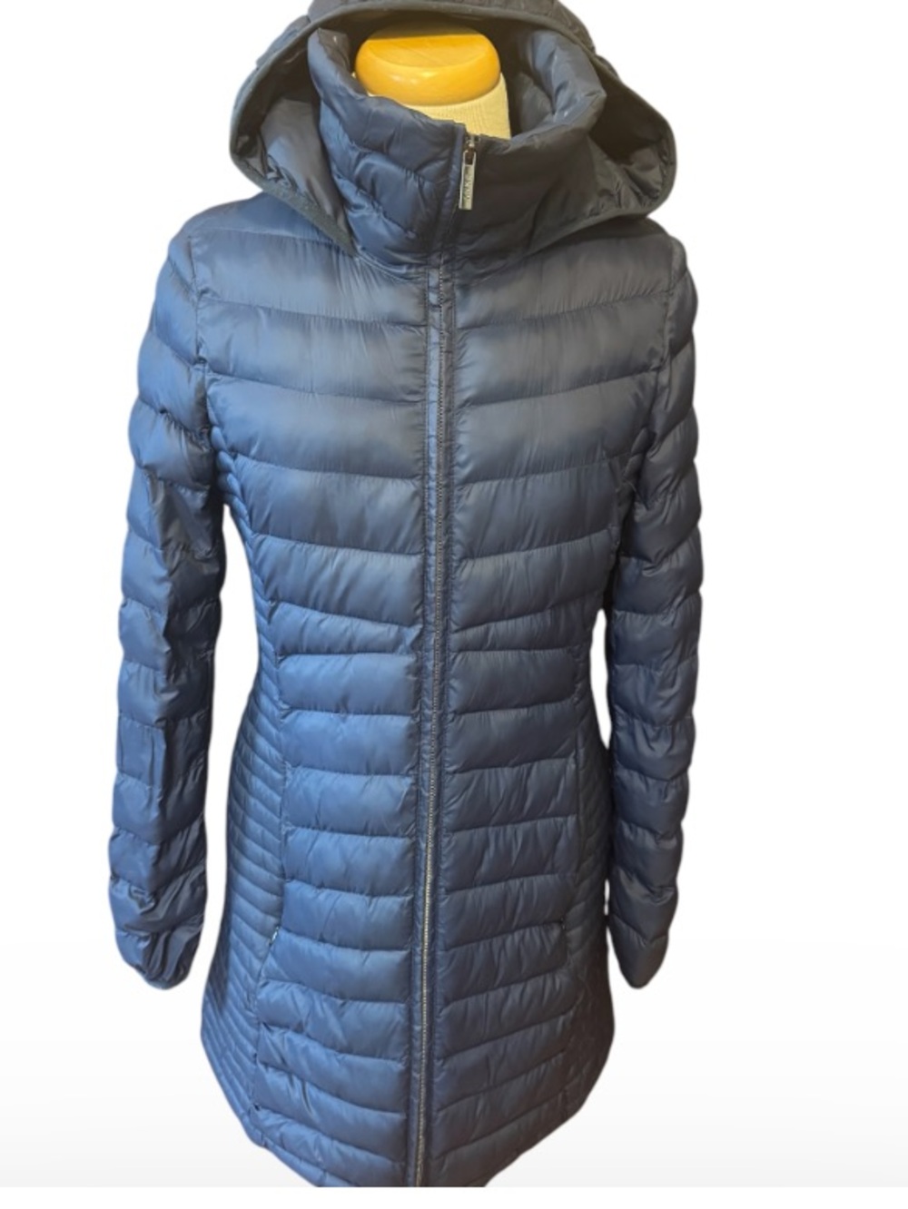 DKNY Women's Hooded Long Quilted Puffer Coat - Navy Blue size M like new